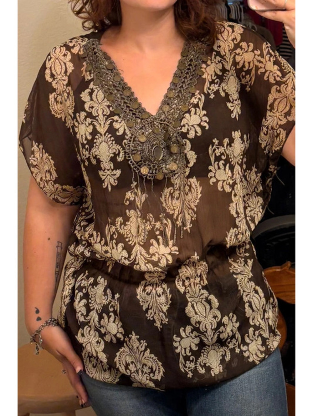 Tuscan Y2k 2000’s Mom Chic Brown Sheer Top with cinched waist